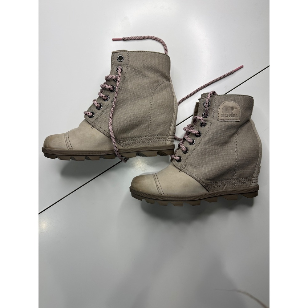 Sorel Lexie Wedge Ankle Boots Quarry Gray Canvas Leather size 10